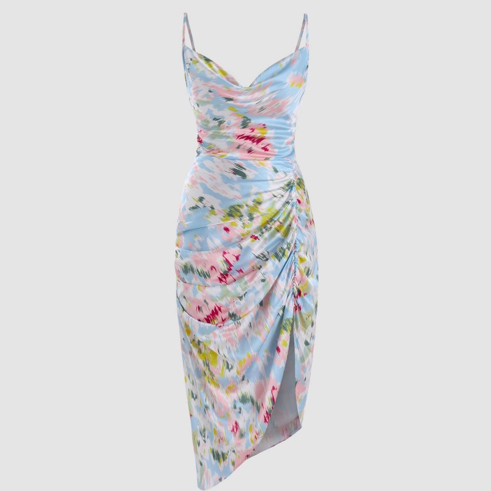 Brand new, multi-color, cowl neck dress